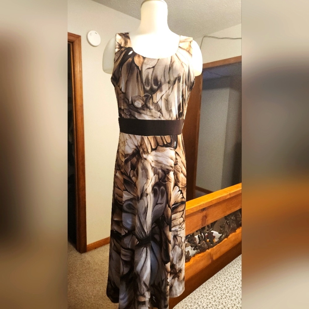 dressbarn Brown and Black Abstract Midi Dress
